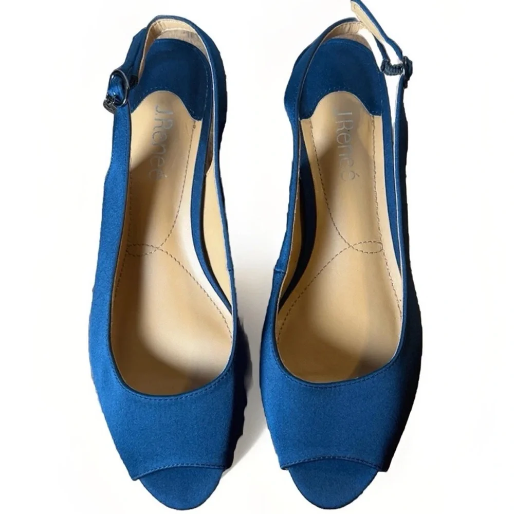(9.5) J.Renee Elegant Slingback Dark Blue Peep-Toe Heels